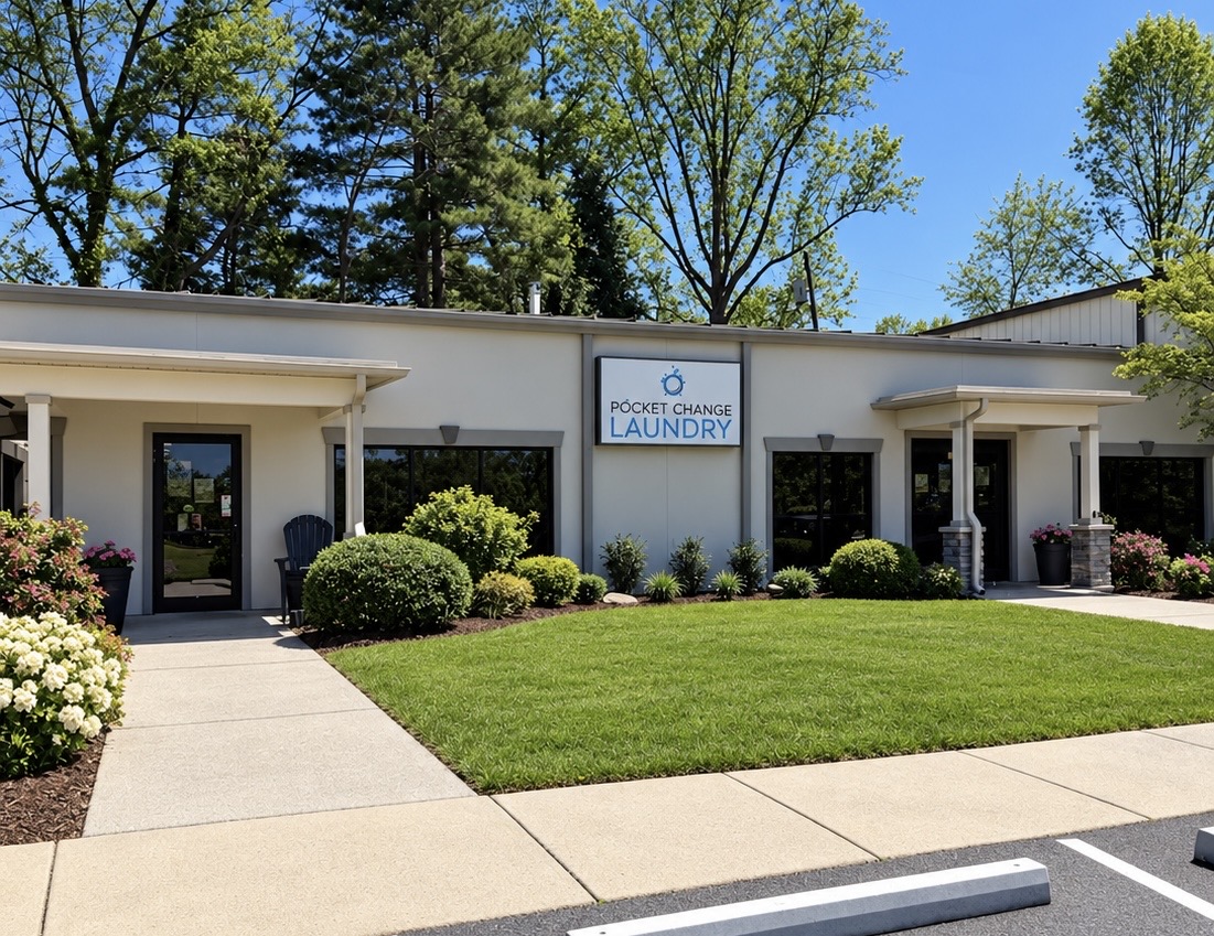 Pocket Change Laundry storefront on Brevard Road in Hendersonville, North Carolina with landscaped lawn and parking